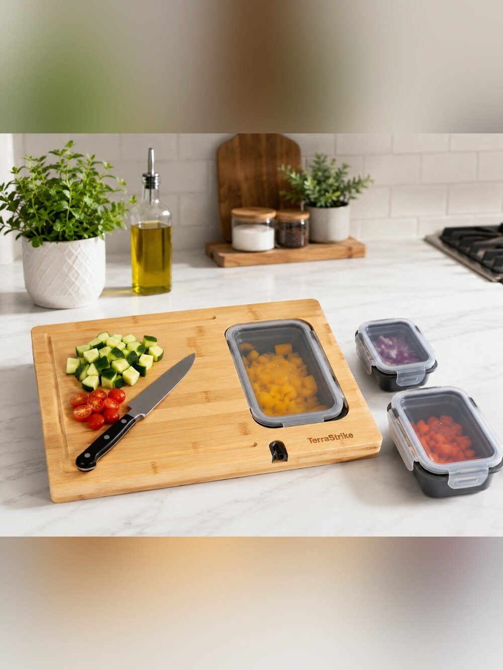 Bamboo Cutting Board Set with 3 Food Storage Containers Meal Prep Organizer